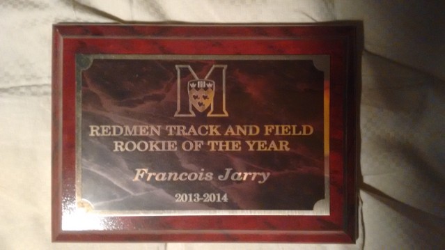 Award received at the end of my first year in the McGill Track and Field team.